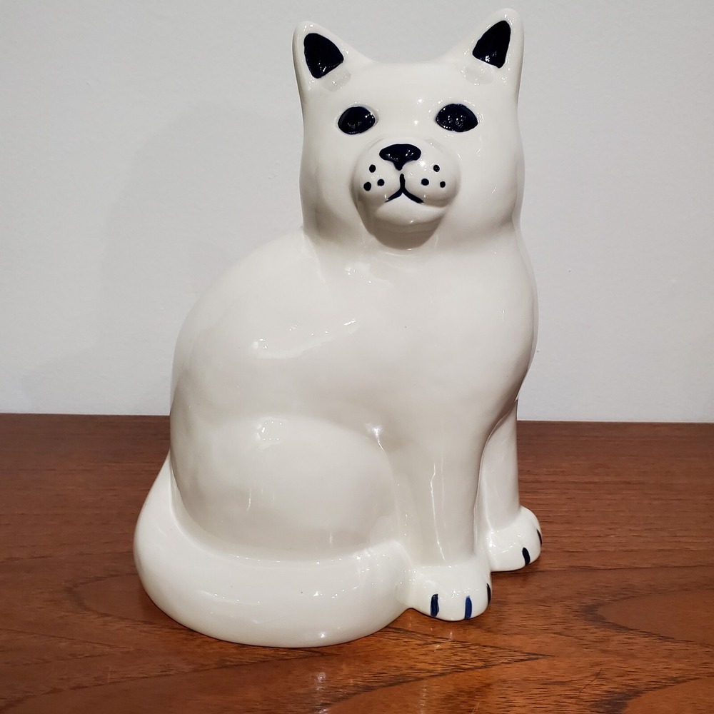 Large‎ White Ceramic Cat with blue accents 9.5" tall, pottery mold, figurine